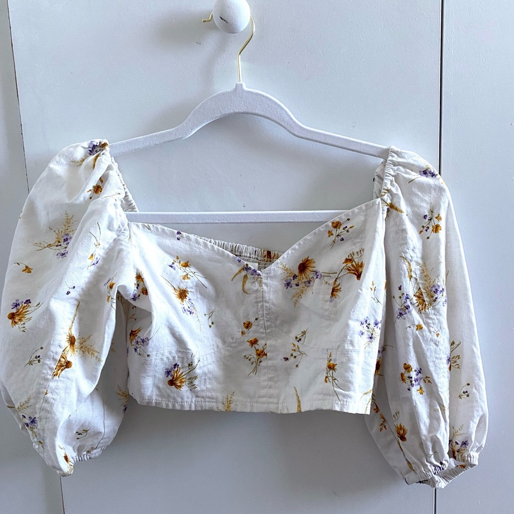 H&M Floral Puff Sleeve Top - White and Yellow